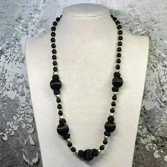 Black Silk Covered and Gold Beaded Necklace Vintage - Picture 1 of 4